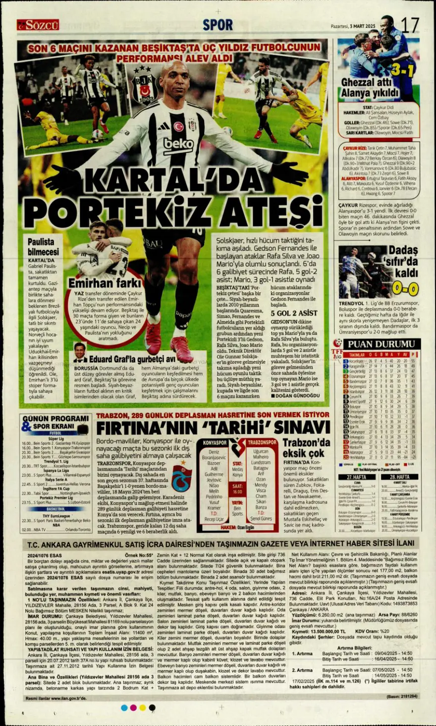 "Zirvede fark eriyor" (3 Mart 2025 spor manşetleri) 9