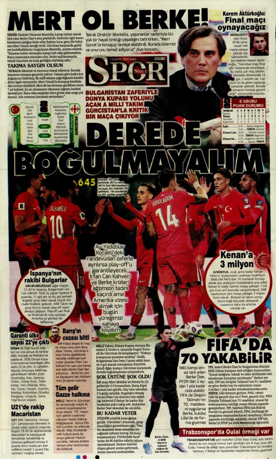 "Gürcistan'ı yen Play-off'u gör" (14 Ekim 2025 spor manşetleri) 21