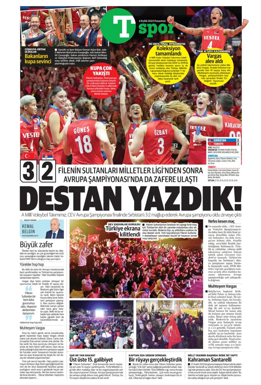 "Avrupa'nın Sultanları" (4 Eylül 2023 spor manşetleri) 16