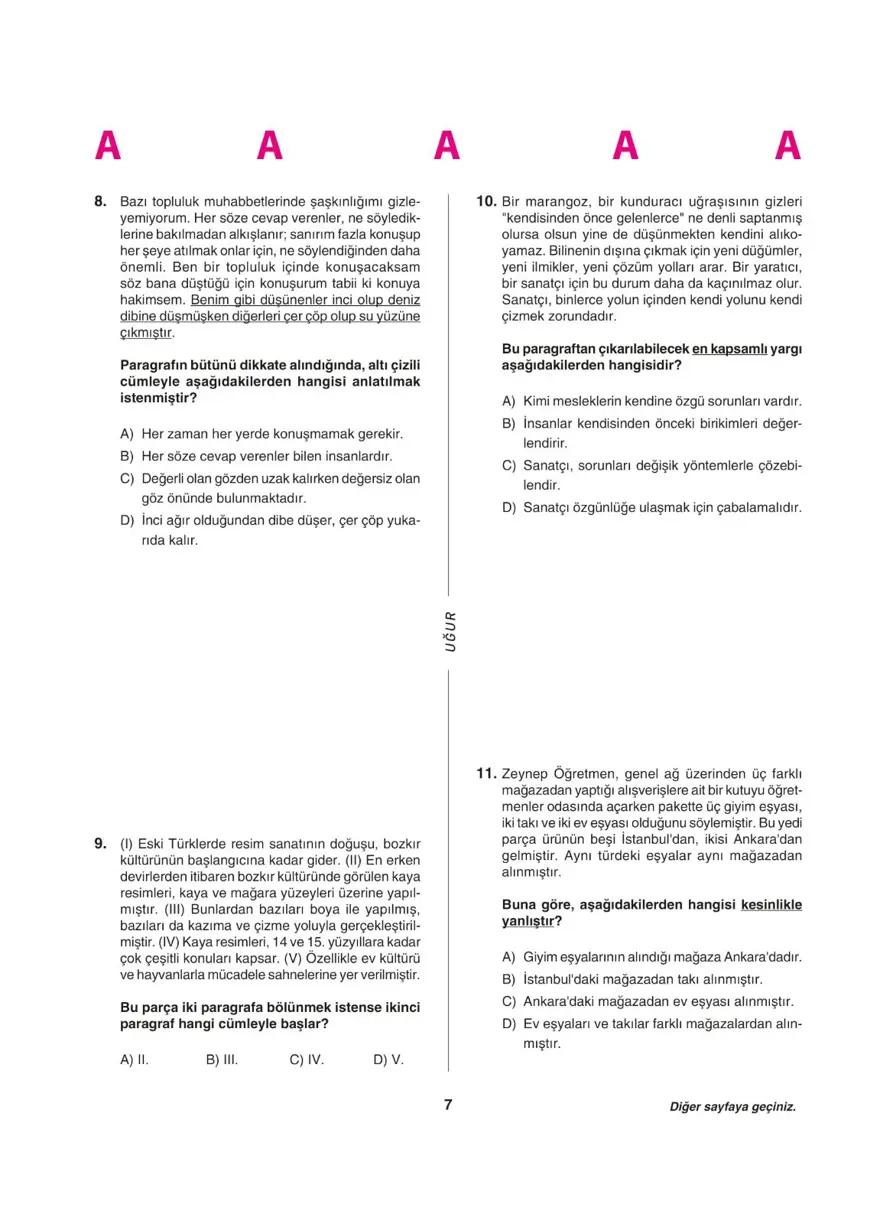 Uğur Okulları LGS deneme sınavı (Sözel bölüm) 6