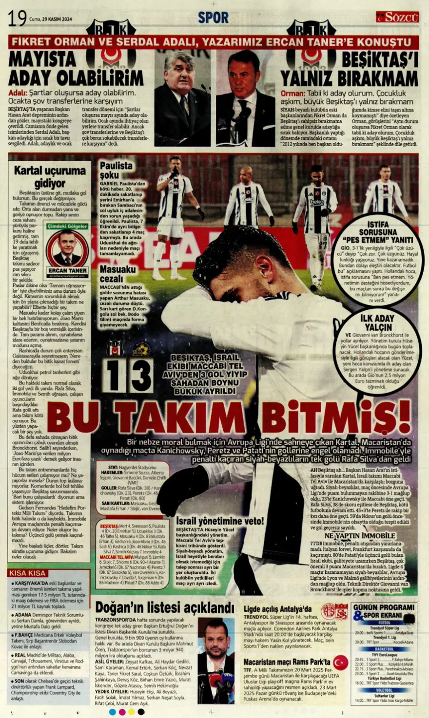 "Avrupa'da Fener alayı" (29 Kasım 2024 spor manşetleri) 30