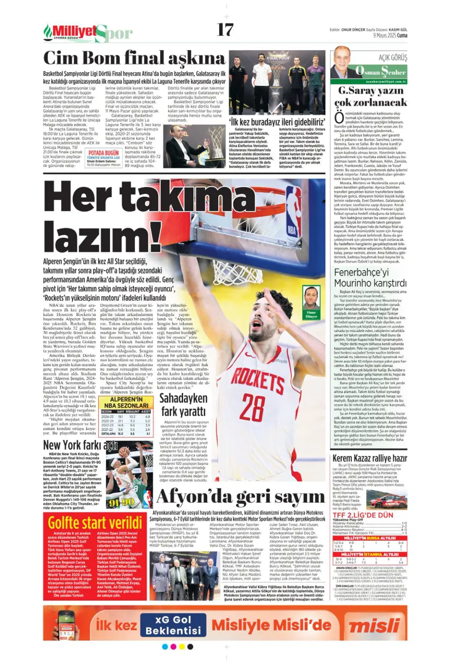 "Galatasaray 10'un peşini bırakmıyor" (9 Mayıs 2025 spor manşetleri) 21