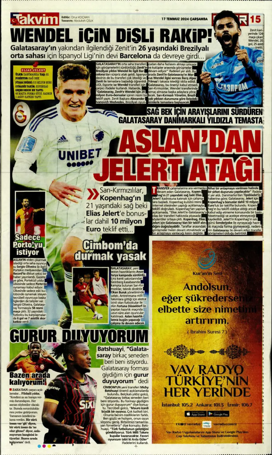 "Son aday Jelert" (17 Temmuz 2024 spor manşetleri) 13