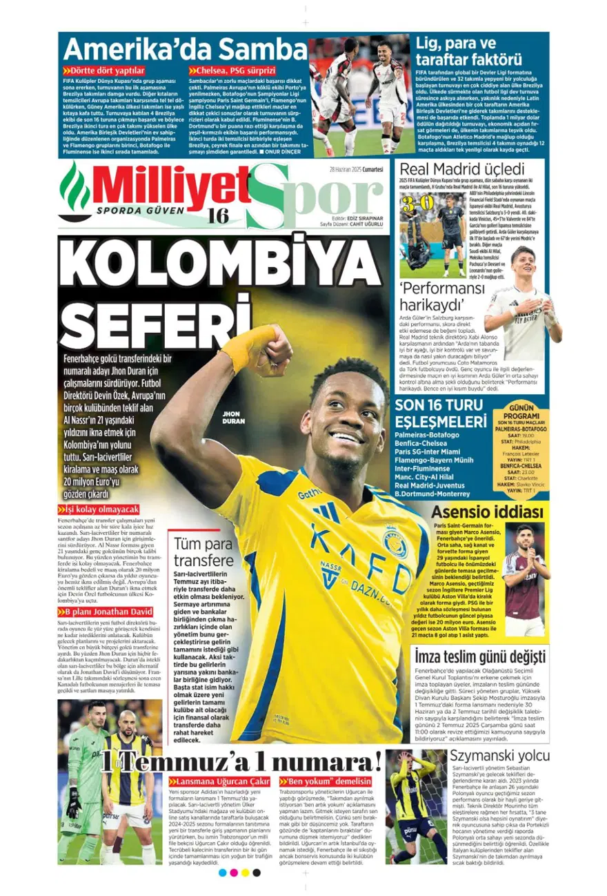 "Kolombiya seferi" (28 Haziran 2025 spor manşetleri) 8