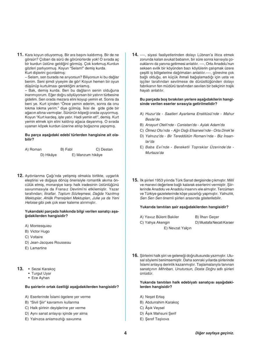 Uğur Okulları AYT -1 deneme sınavı 3