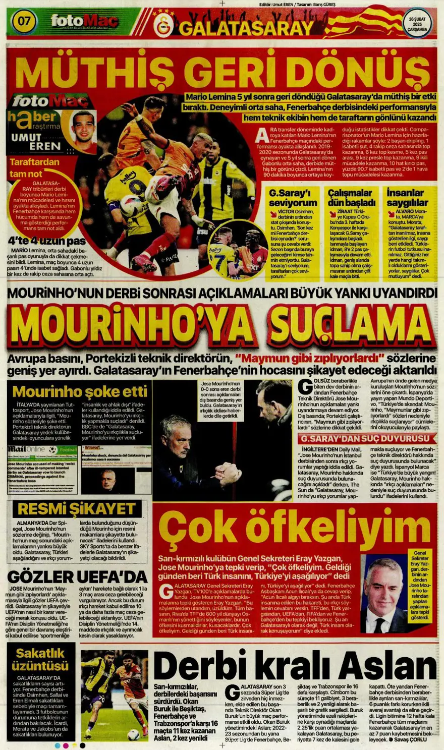 "Türk futbolunda maymun tartışması" (26 Şubat 2025 spor manşetleri) 2