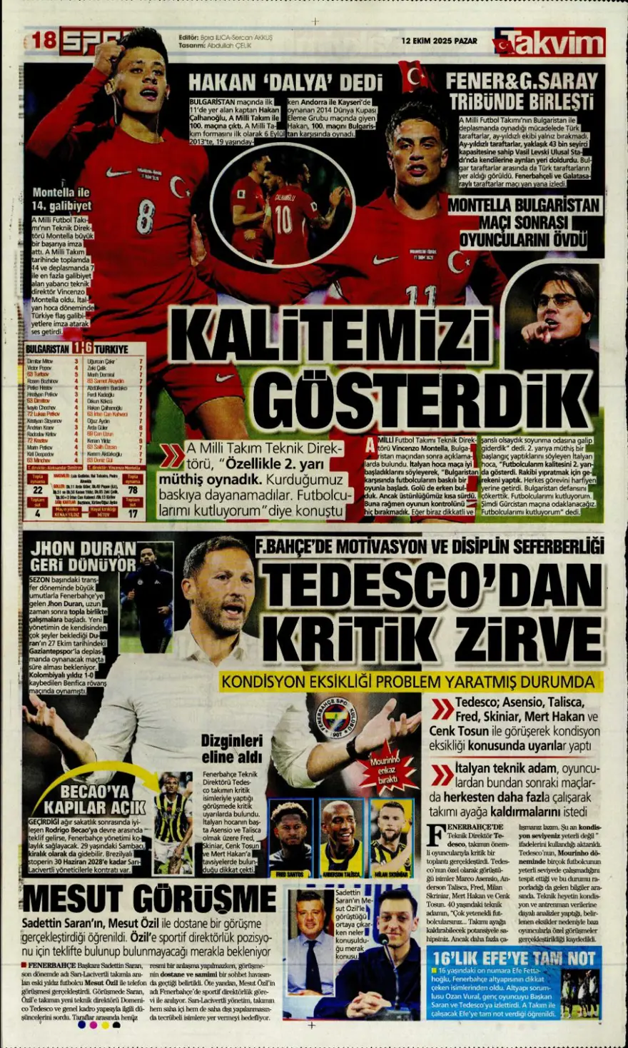 "Sofya'da tarihi zafer" (12 Ekim 2025 spor manşetleri) 24