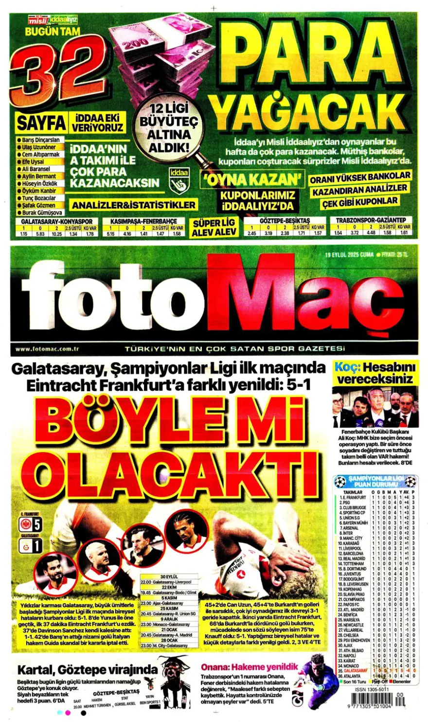 "Kabus gibi başlangıç" (19 Eylül spor manşetleri) 5