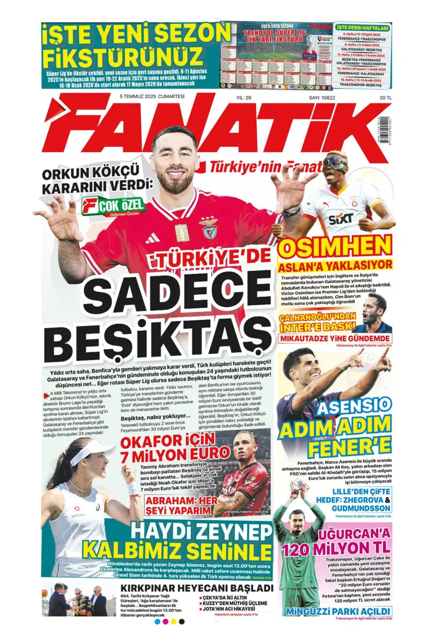 "Yine yeniden Mikautadze" (5 Temmuz 2025 spor manşetleri) 