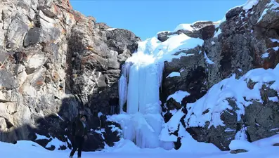 Ağrı'da buz tutan Toklu Şelalesi'nde görsel şölen