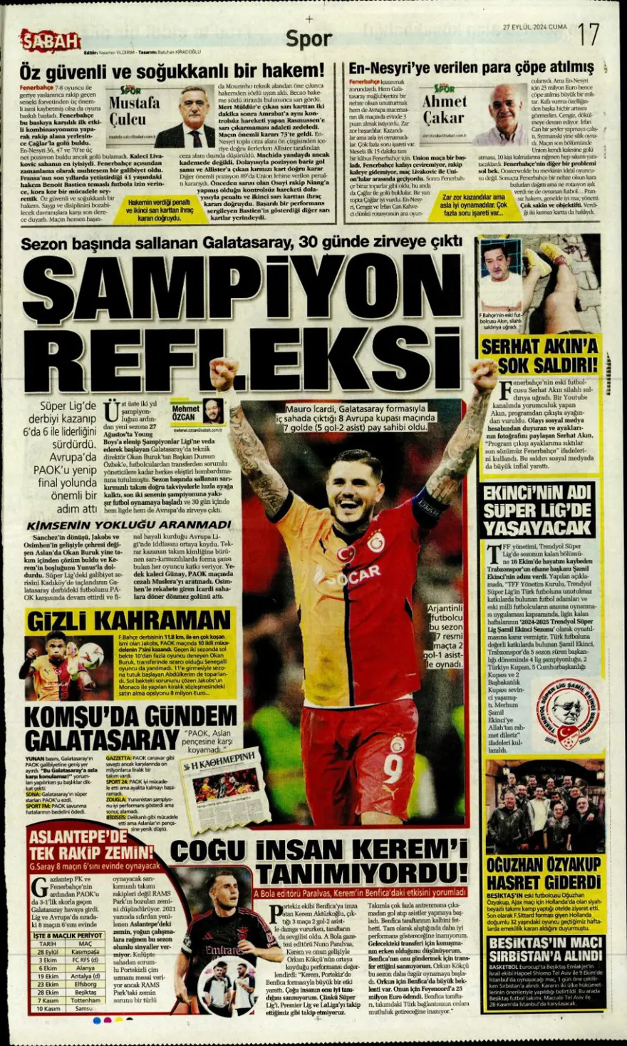 "Fener'de pansuman, Kartal darmadağın" (27 Eylül 2024 spor manşetleri) 6