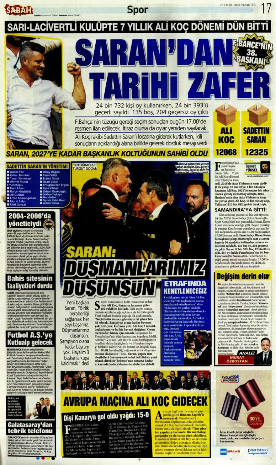 "Başkanı değişti, kaderi değişmedi" (22 Eylül spor manşetleri) 23