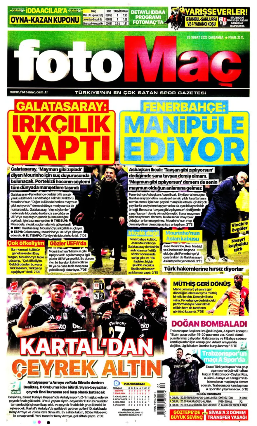 "Türk futbolunda maymun tartışması" (26 Şubat 2025 spor manşetleri) 3