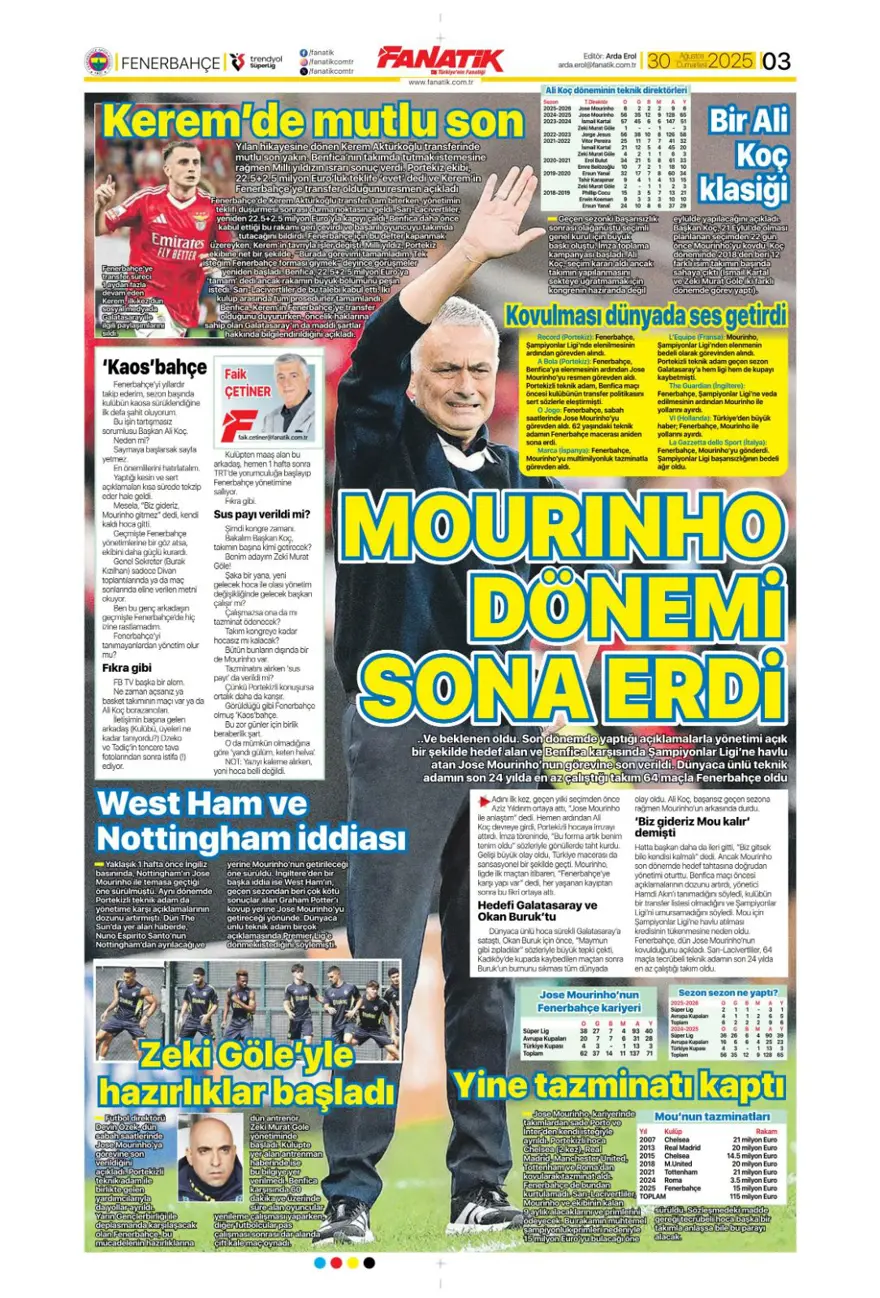 "Beklenen son" (30 Ağustos spor manşetleri) 2