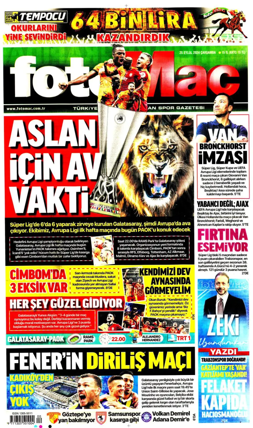 "Aslan için av vakti" (25 Eylül 2024 spor manşetleri) 