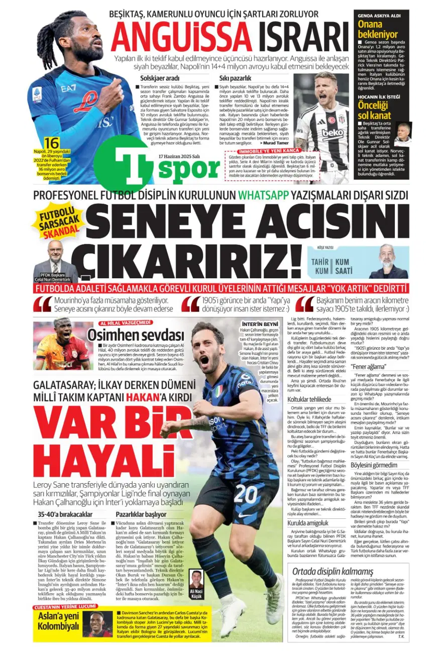 "Çalhanoğlu geri sayımı" (17 Haziran 2025 spor manşetleri) 31