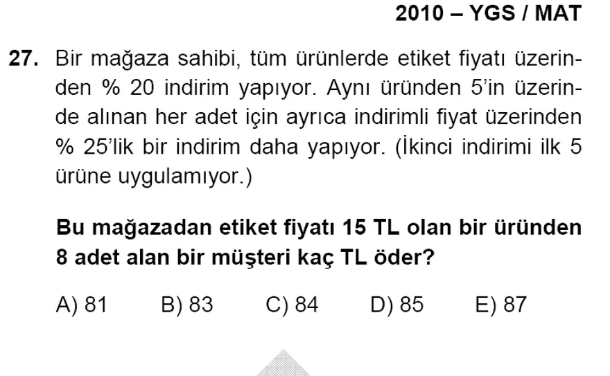 YGS Matematik soruları ve yanıtları 26