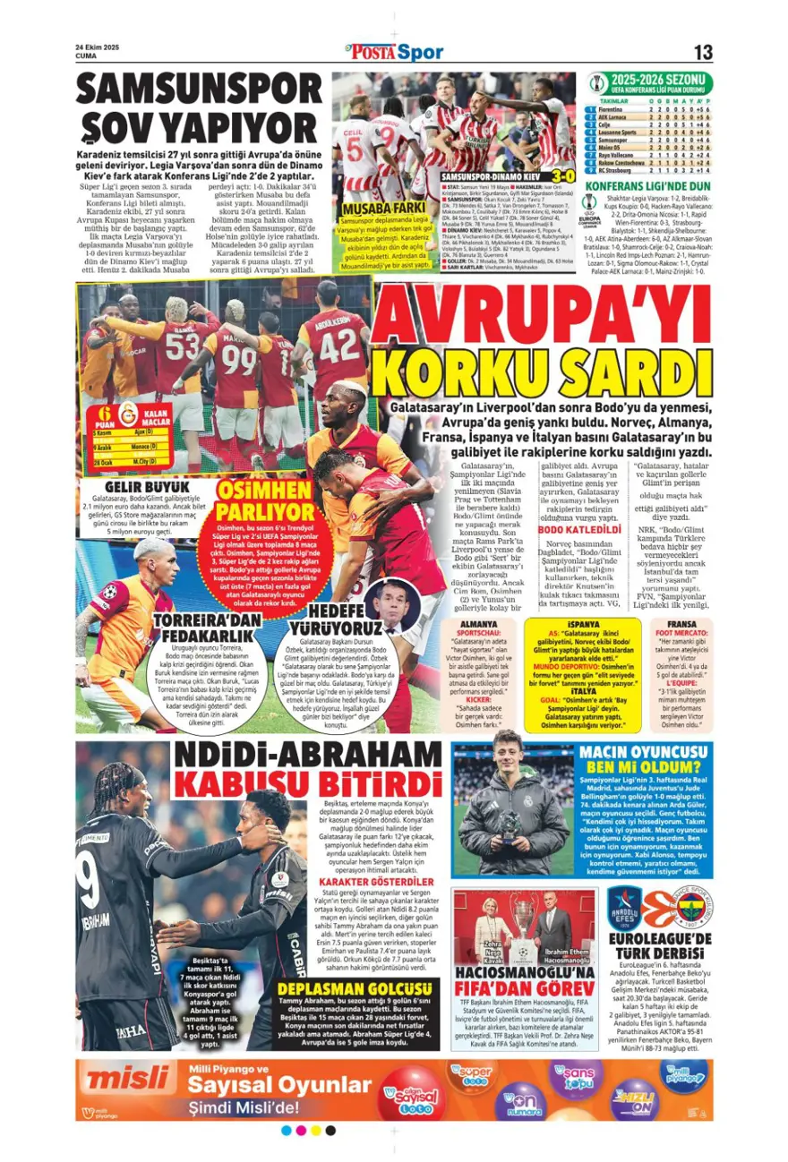 "Kadıköy canavarı" (24 Ekim 2025 spor manşetleri) 18