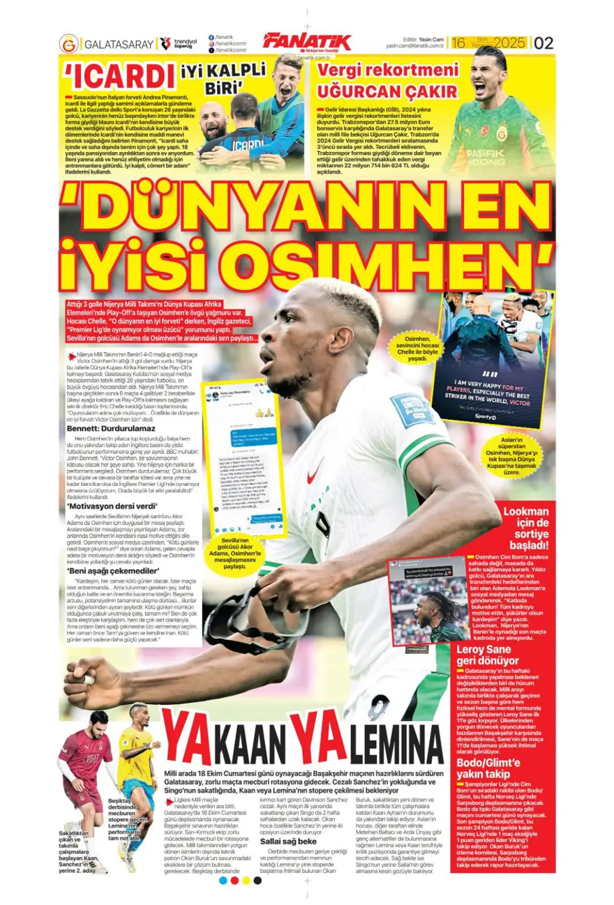 "İrfan Can bombası" (16 Ekim 2025 spor manşetleri) 1