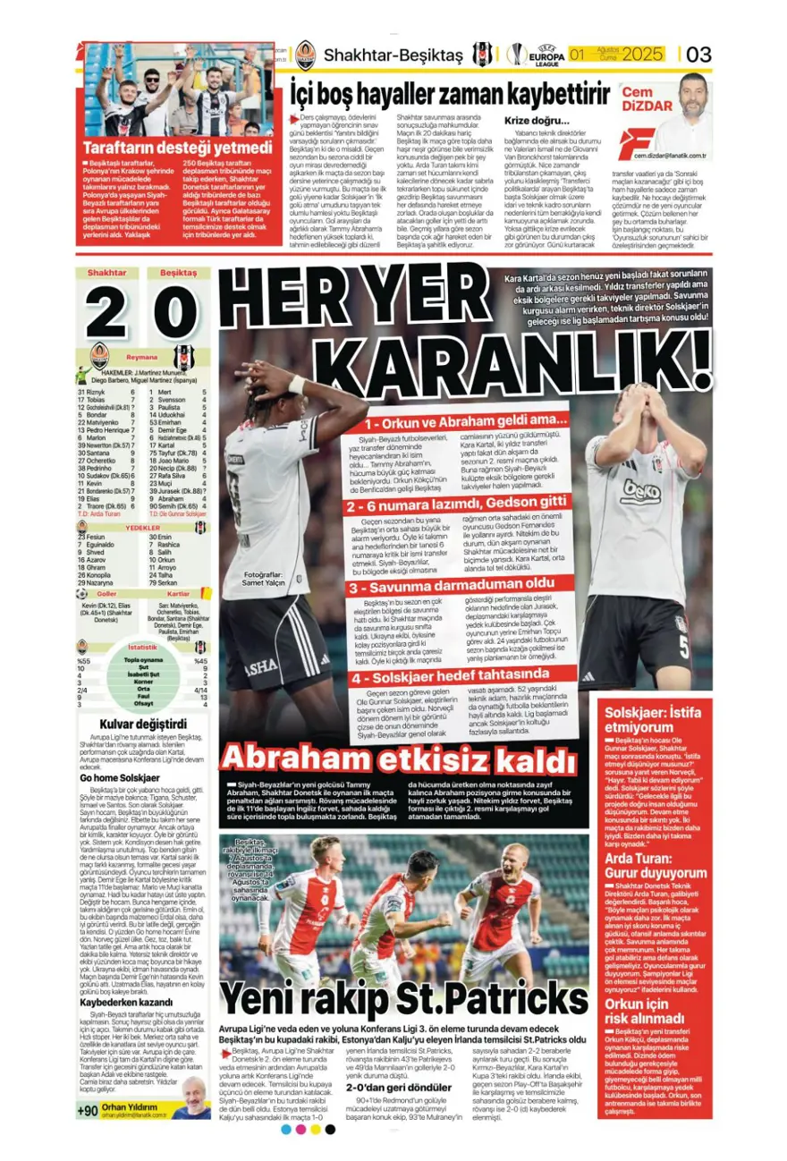"Her yer karanlık" (1 Ağustos 2025 spor manşetleri) 2
