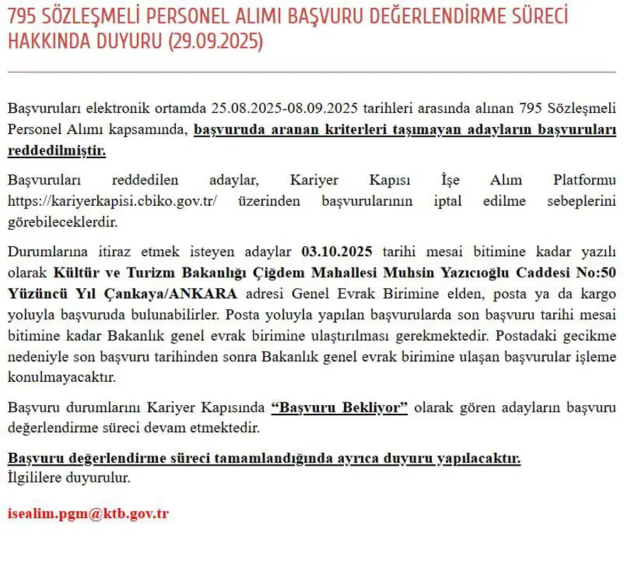 795 SÖZLEŞMELİ PERSONEL ALIMI BAŞVURU DEĞERLENDİRME SÜRECİ HAKKINDA DUYURU 2