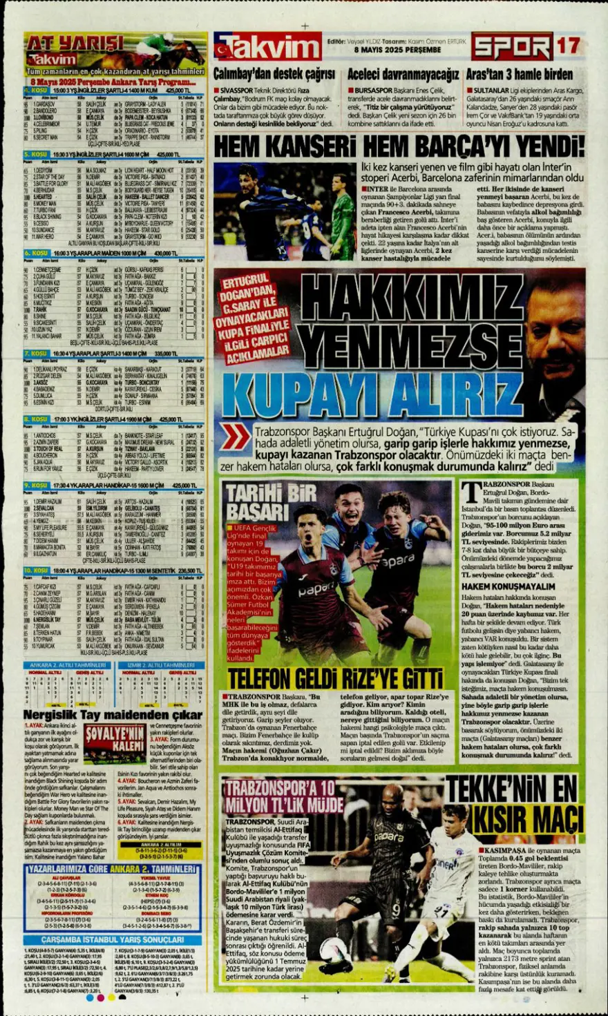 "Alacağım yok, borcum var" (8 Mayıs 2025 spor manşetleri) 20