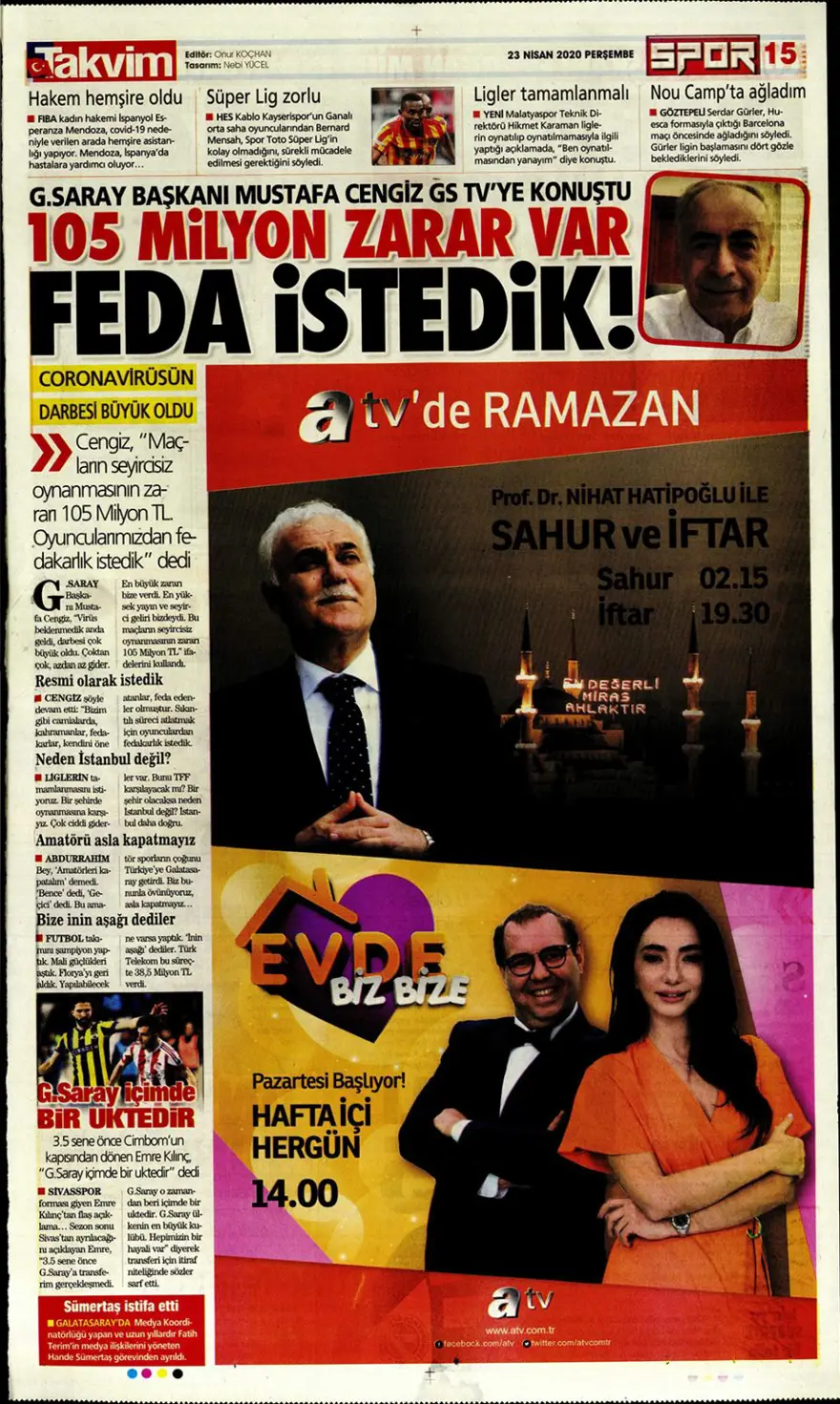 Günün spor manşetleri (23 Nisan 2020) 1