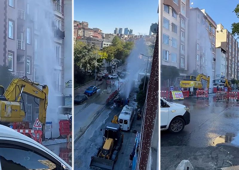 Kağıthane’de boru patladı: Tazyikli su metrelerce havaya yükseldi