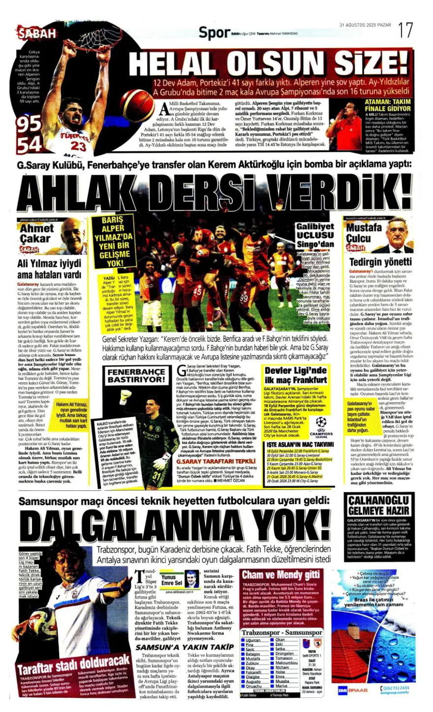 "Ya Kartal ya Schmidt" (31 Ağustos spor manşetleri) 15