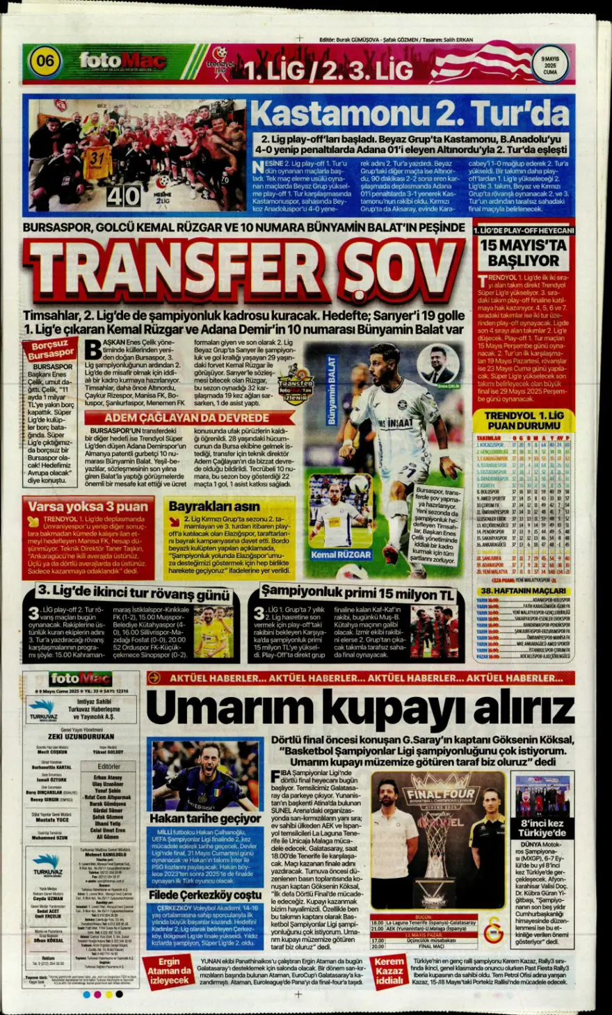 "Galatasaray 10'un peşini bırakmıyor" (9 Mayıs 2025 spor manşetleri) 16