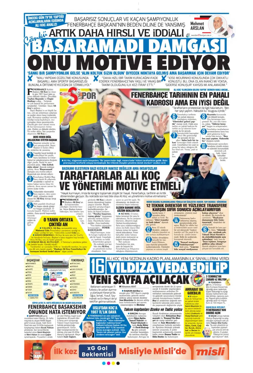 "Galatasaray 10'un peşini bırakmıyor" (9 Mayıs 2025 spor manşetleri) 18