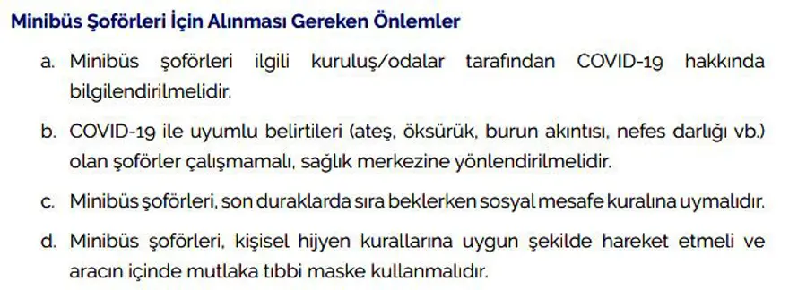 Covid-19 kapsamında minibüsler ile ilgili alınması gereken önlemler 