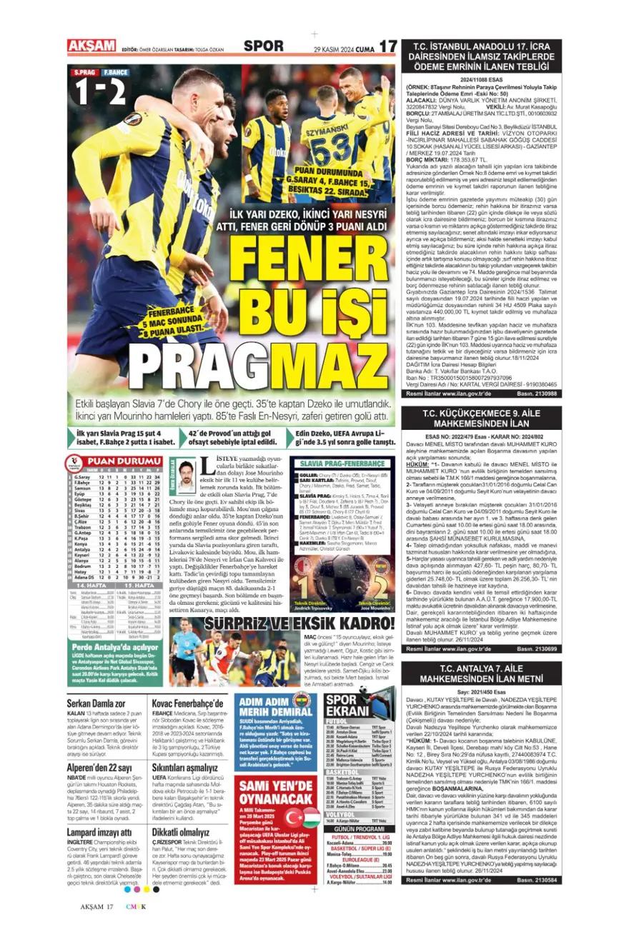 "Avrupa'da Fener alayı" (29 Kasım 2024 spor manşetleri) 1