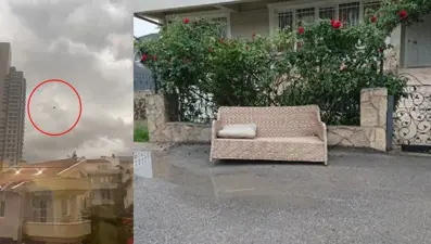 Ankara'da fırtınada uçan üç kişilik koltuk bir evin önüne düştü