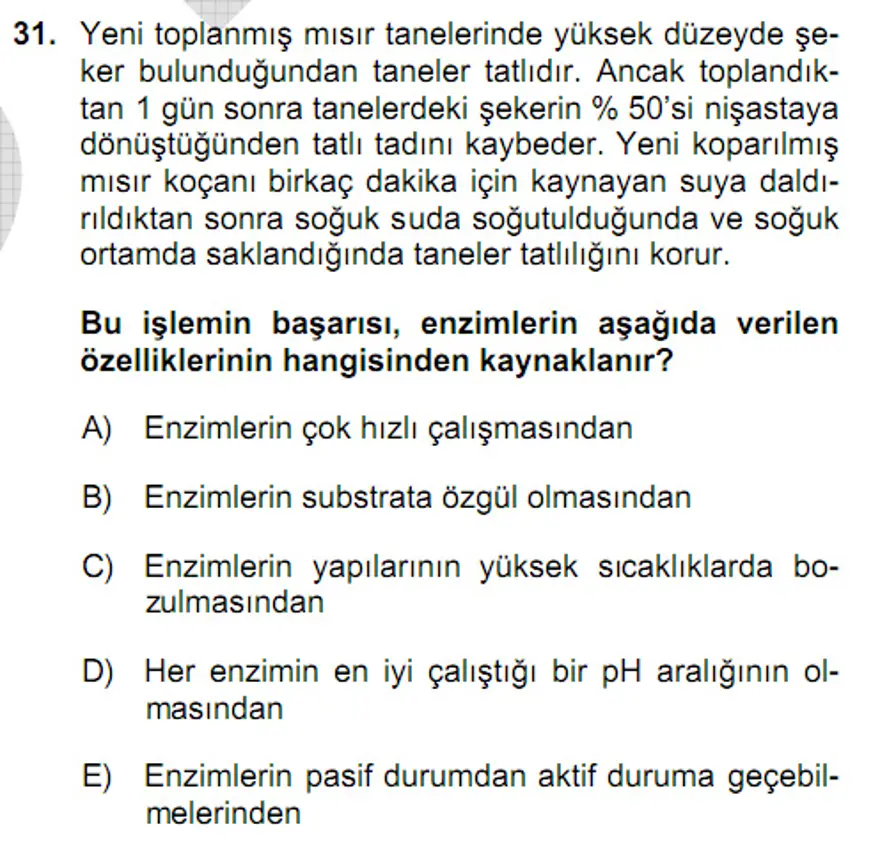 YGS Fen Bilimleri Soruları ve Yanıtları 30