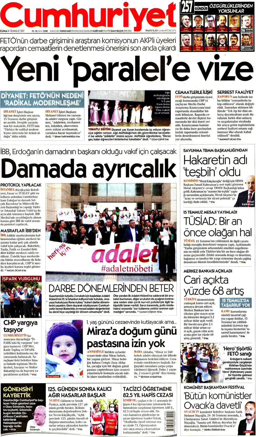 Günün gazete manşetleri - 14 Temmuz 2017 11
