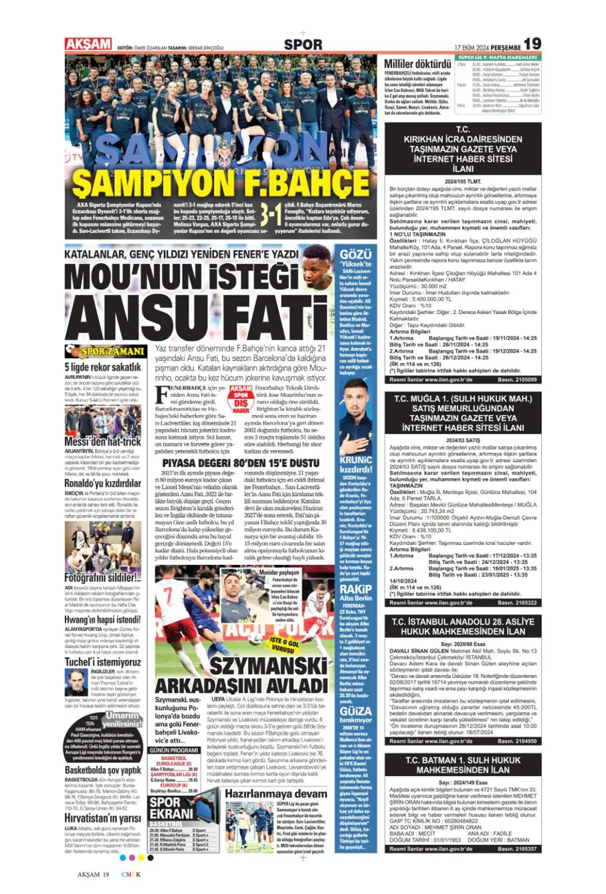 “İtalyan orta saha Fener'e” (17 Ekim 2024 spor manşetleri) 2