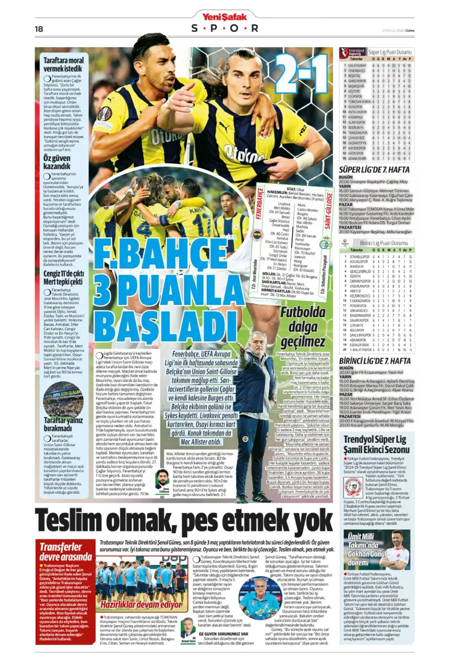 "Fener'de pansuman, Kartal darmadağın" (27 Eylül 2024 spor manşetleri) 16