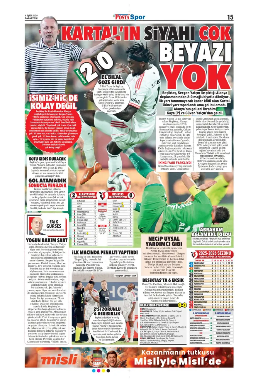 "Acıların takımı" (1 Eylül spor manşetleri) 16