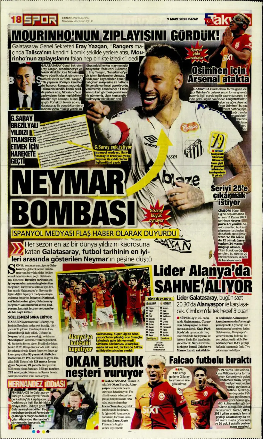 "1 numaralı büyük plan" (9 Mart 2025 spor manşetleri) 13