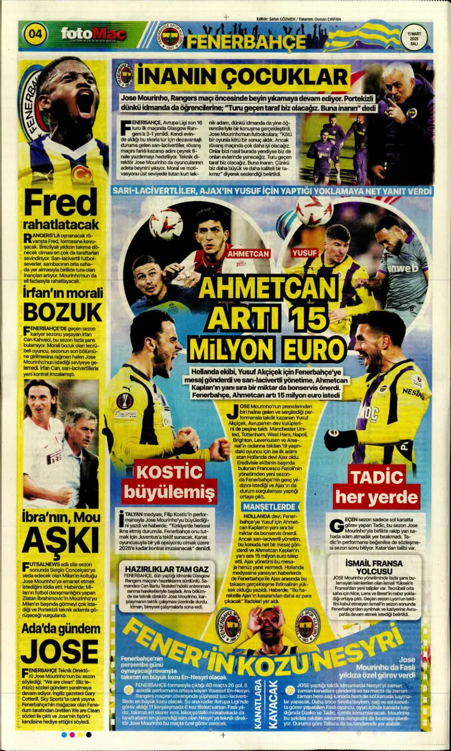 "Fener gözü kararttı" (11 Mart 2025 spor manşetleri) 1 "Fener gözü kararttı" (11 Mart 2025 spor manşetleri) 1