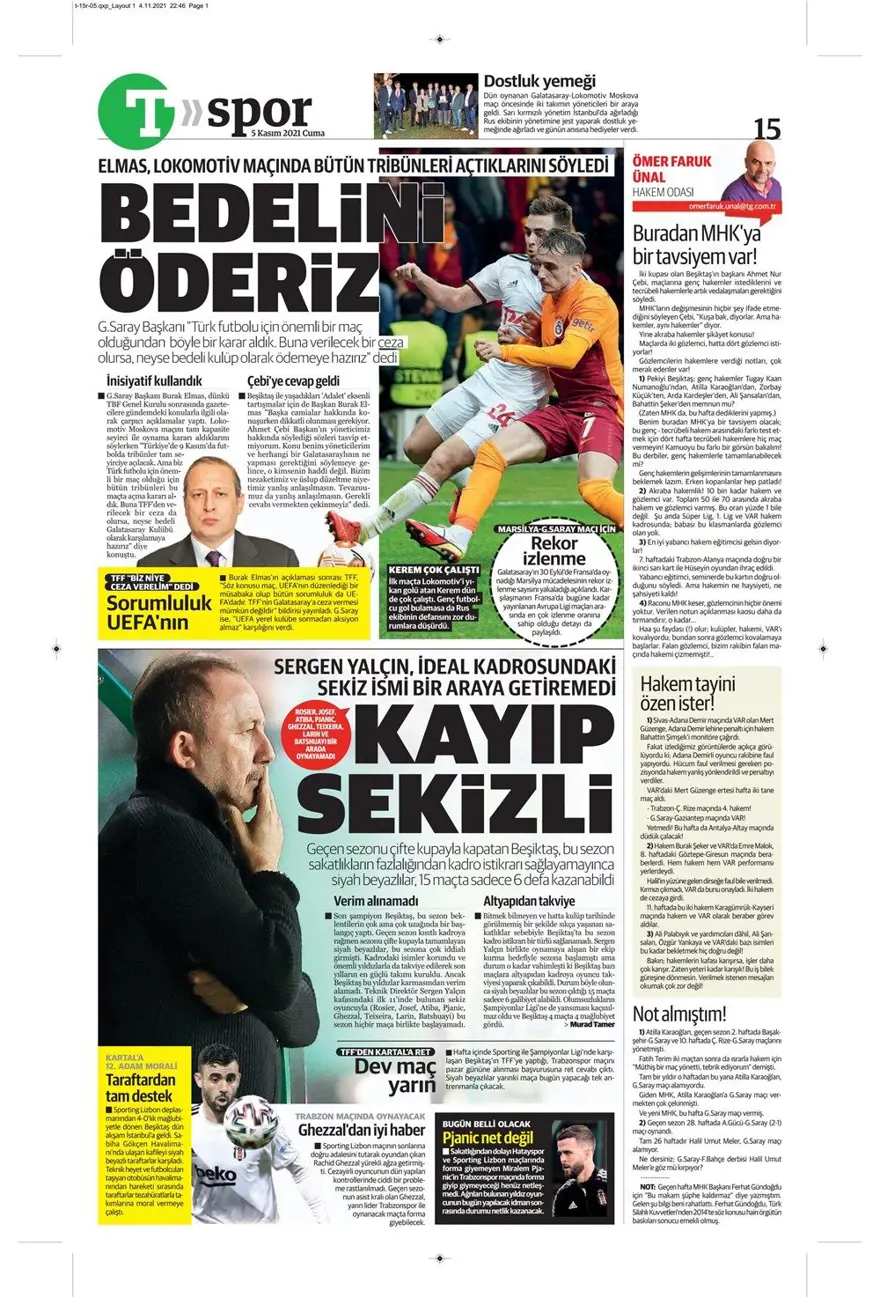 Günün spor manşetleri (5 Kasım 2021) 