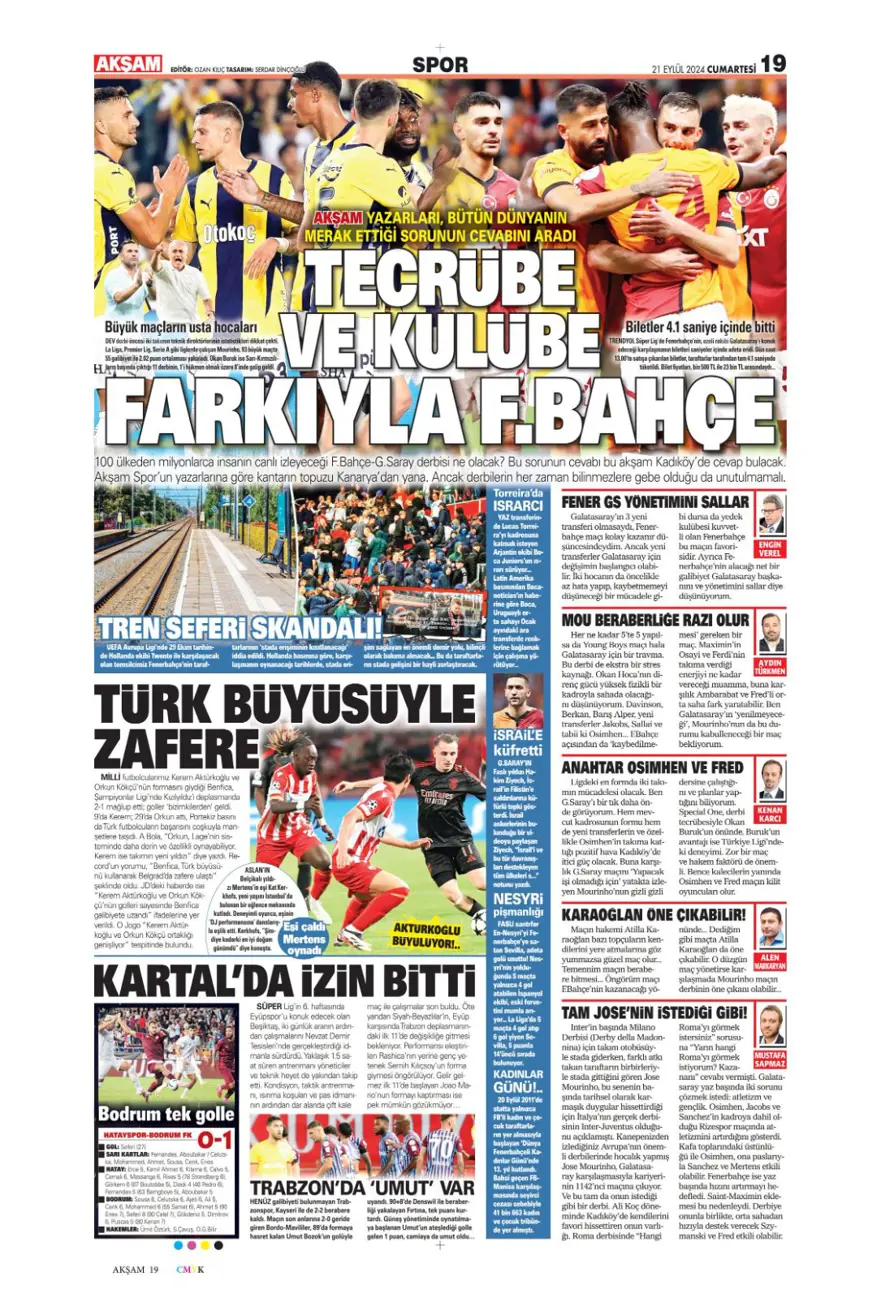 "Savunmada Fener, hücumda Aslan" (21 Eylül 2024 spor manşetleri) 1 "Savunmada Fener, hücumda Aslan" (21 Eylül 2024 spor manşetleri) 1