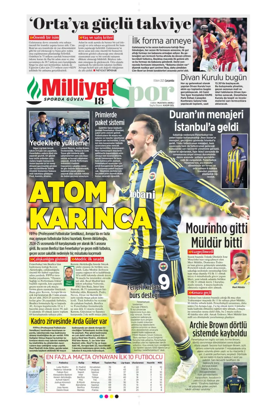 "Ne istersen o" (8 Ekim 2025 spor manşetleri) 9