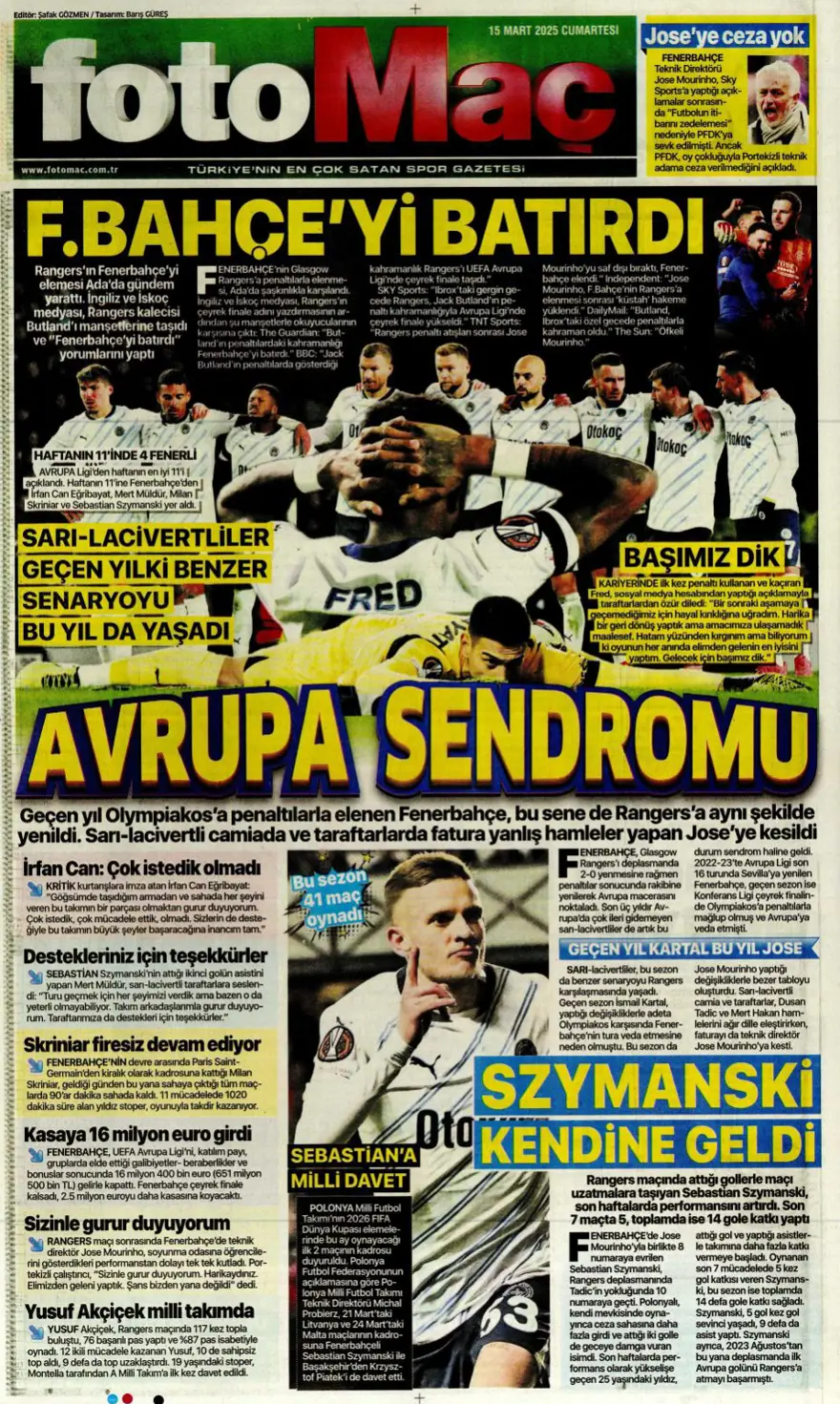 "Zirvede tek başına" (15 Mart 2025 spor manşetleri) 5