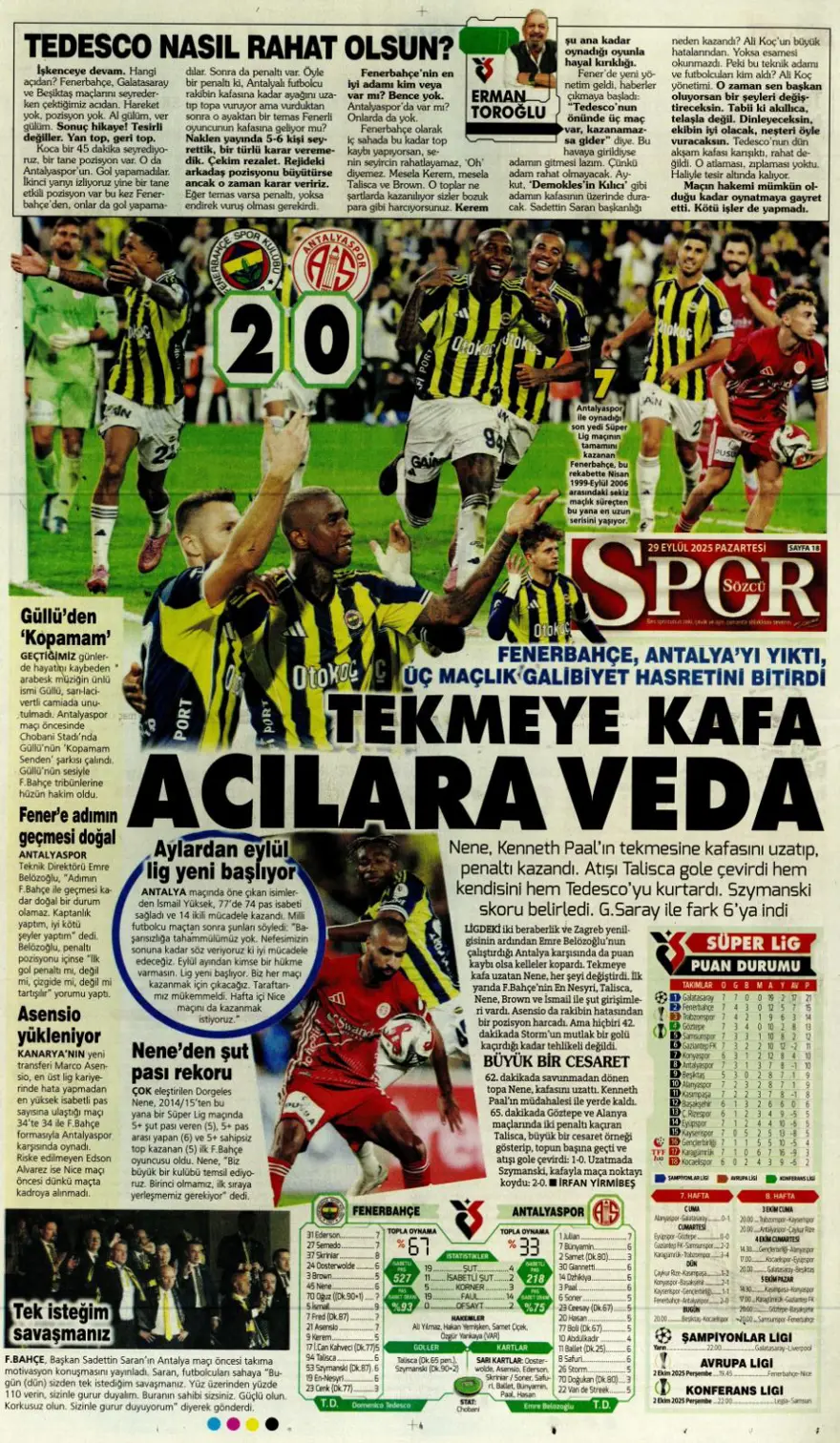 "Hayata dönüş" (29 Eylül 2025 spor manşetleri) 18