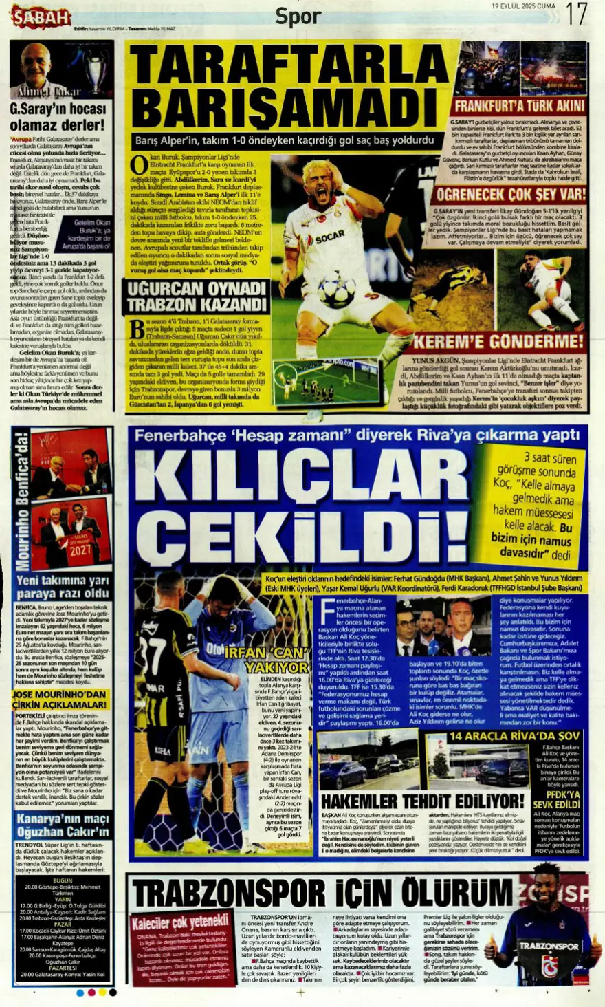 "Kabus gibi başlangıç" (19 Eylül spor manşetleri) 19