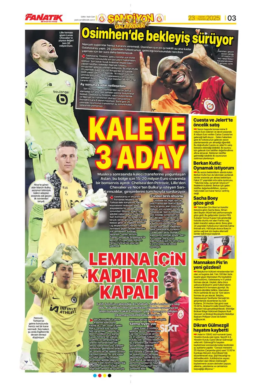 "Hedef Sancho, rakip Napoli" (23 Haziran 2025 spor manşetleri) 2