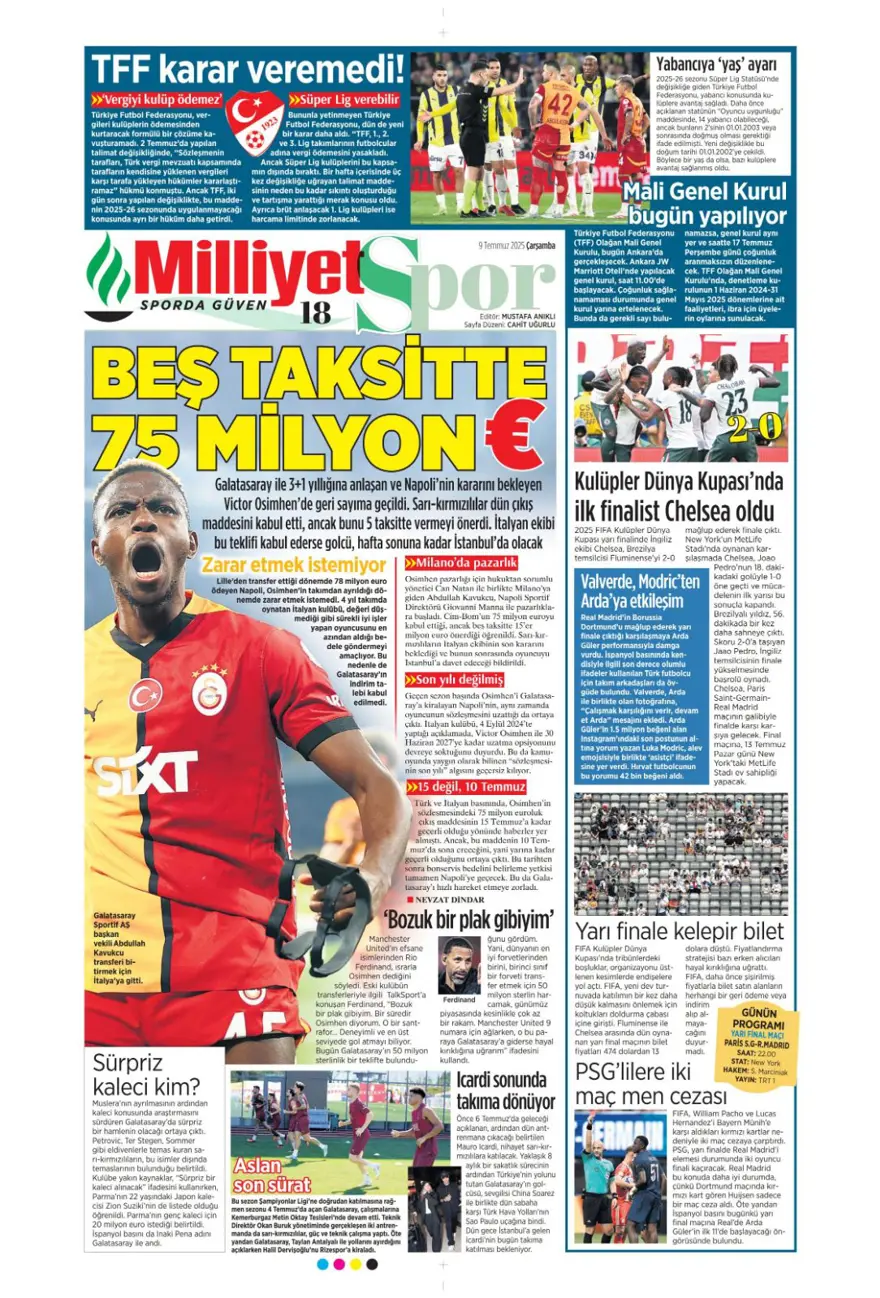 "Peters'a resmi teklif" (9 Temmuz 2025 spor manşetleri) 9