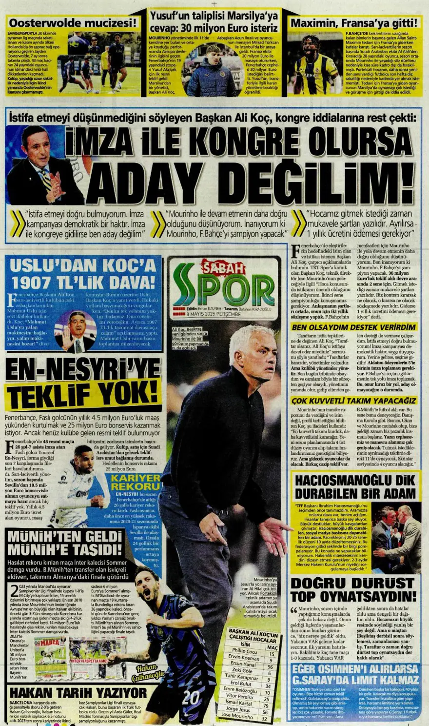 "Alacağım yok, borcum var" (8 Mayıs 2025 spor manşetleri) 3